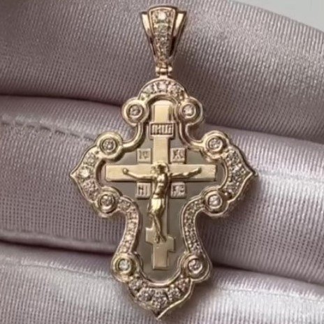 золотой крест "распятие, молитва честному кресту", золото 585 проба с бриллиантами (арт. 808)